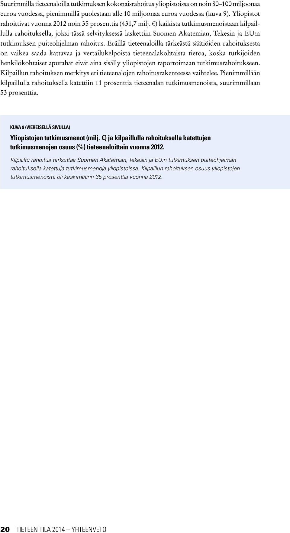 ) kaikista tutkimusmenoistaan kilpaillulla rahoituksella, joksi tässä selvityksessä laskettiin Suomen Akatemian, Tekesin ja EU:n tutkimuksen puiteohjelman rahoitus.