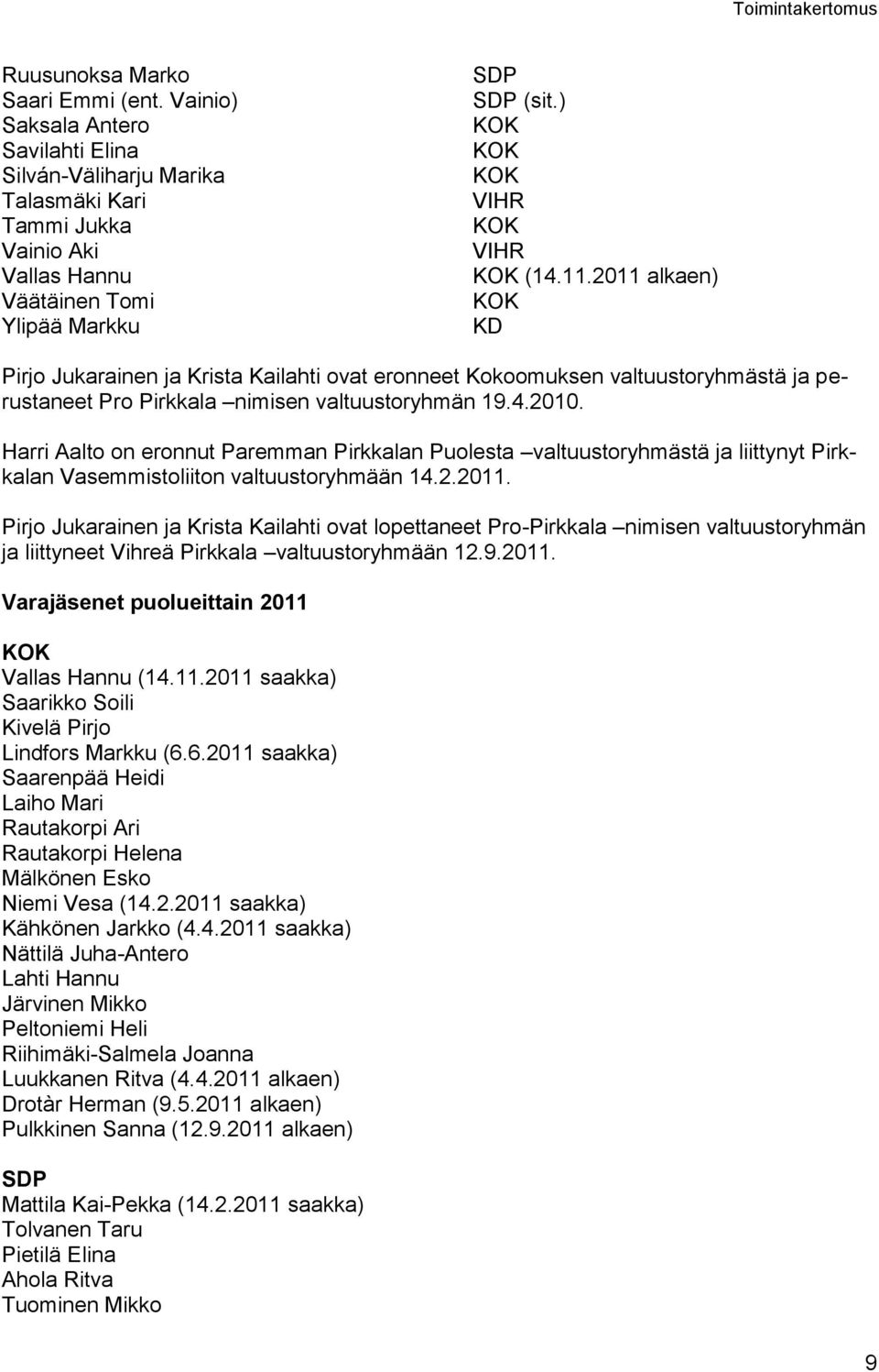 2011 alkaen) KOK KD Pirjo Jukarainen ja Krista Kailahti ovat eronneet Kokoomuksen valtuustoryhmästä ja perustaneet Pro Pirkkala nimisen valtuustoryhmän 19.4.2010.