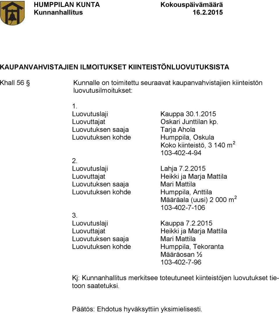 Luovutuslaji Lahja 7.2.2015 Luovuttajat Heikki ja Marja Mattila Luovutuksen saaja Mari Mattila Luovutuksen kohde Humppila, Anttila Määräala (uusi) 2 000 m 2 103-402-7-106 3.