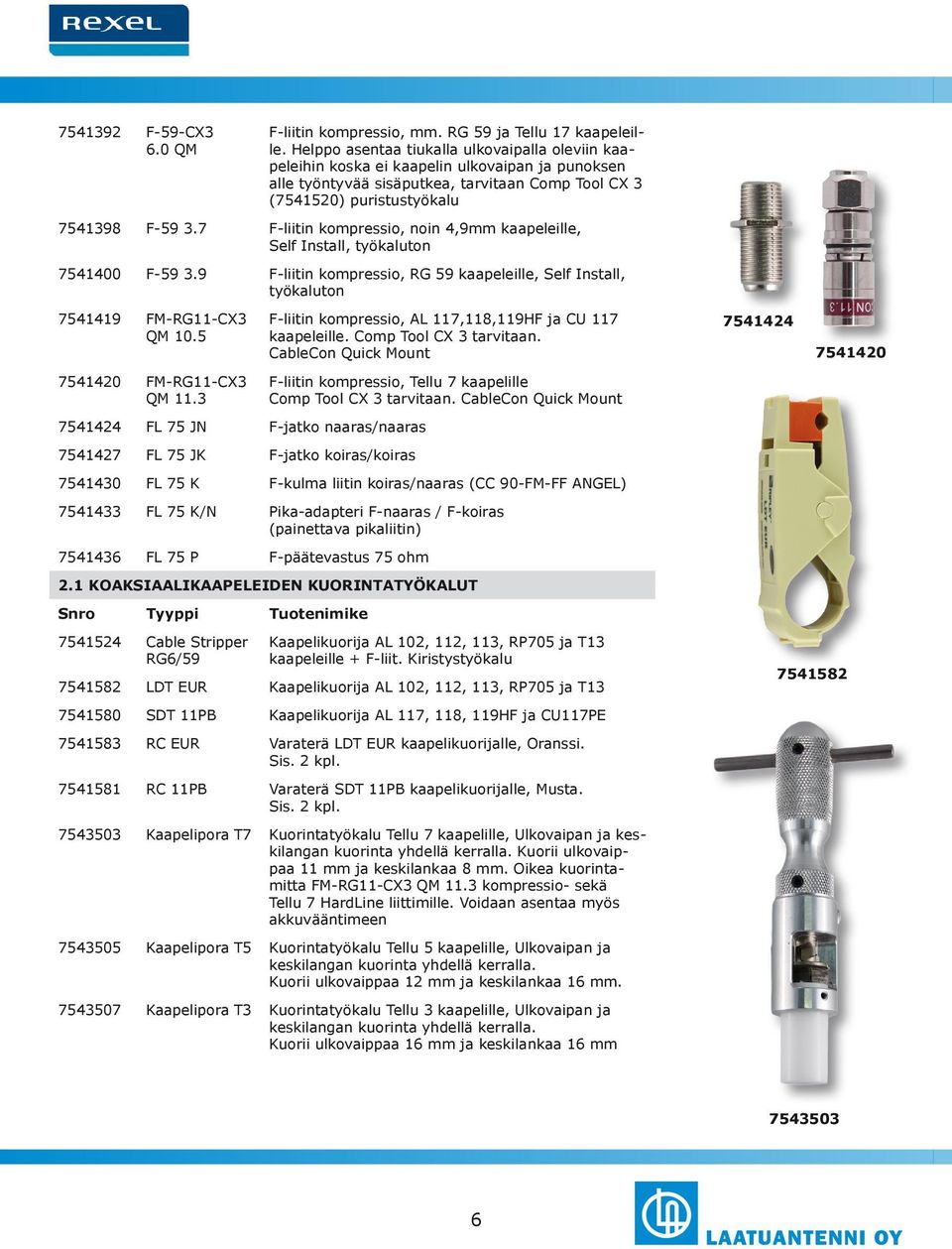 7 F-liitin kompressio, noin 4,9mm kaapeleille, Self Install, työkaluton 7541400 F-59 3.9 F-liitin kompressio, RG 59 kaapeleille, Self Install, työkaluton 7541419 FM-RG11-CX3 QM 10.