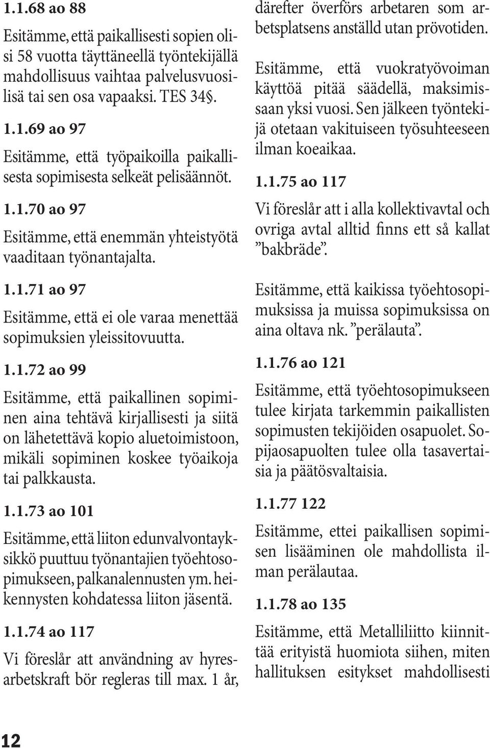 1.1.73 ao 101 Esitämme, että liiton edunvalvontayksikkö puuttuu työnantajien työehtosopimukseen, palkanalennusten ym. heikennysten kohdatessa liiton jäsentä. 1.1.74 ao 117 Vi föreslår att användning av hyresarbetskraft bör regleras till max.