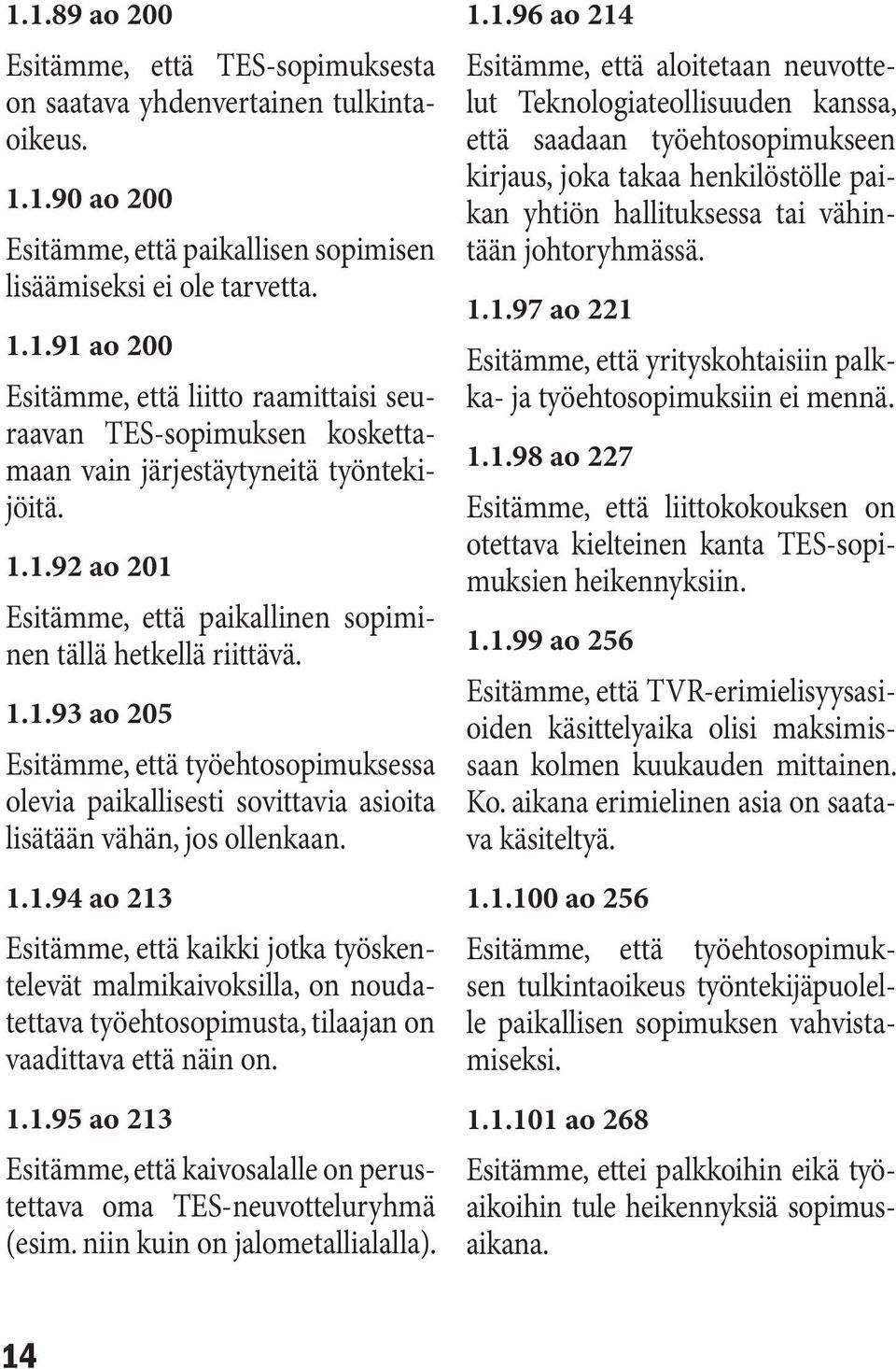 1.1.95 ao 213 Esitämme, että kaivosalalle on perustettava oma TES-neuvotteluryhmä (esim. niin kuin on jalometallialalla). 1.1.96 ao 214 Esitämme, että aloitetaan neuvottelut Teknologiateollisuuden