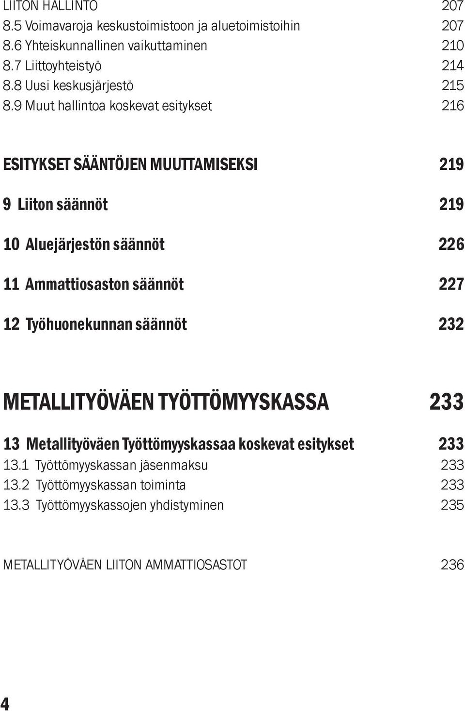 9 Muut hallintoa koskevat esitykset 216 ESITYKSET SÄÄNTÖJEN MUUTTAMISEKSI 219 9 Liiton säännöt 219 10 Aluejärjestön säännöt 226 11 Ammattiosaston