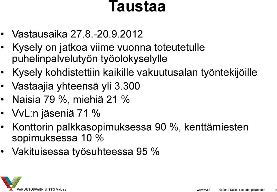 Kysely kohdistettiin kaikille vakuutusalan työntekijöille Vastaajia yhteensä yli 3.