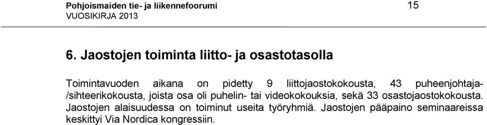 liittojaostokokousta, 43 puheenjohtaja- /sihteerikokousta, joista osa oli puhelin- tai