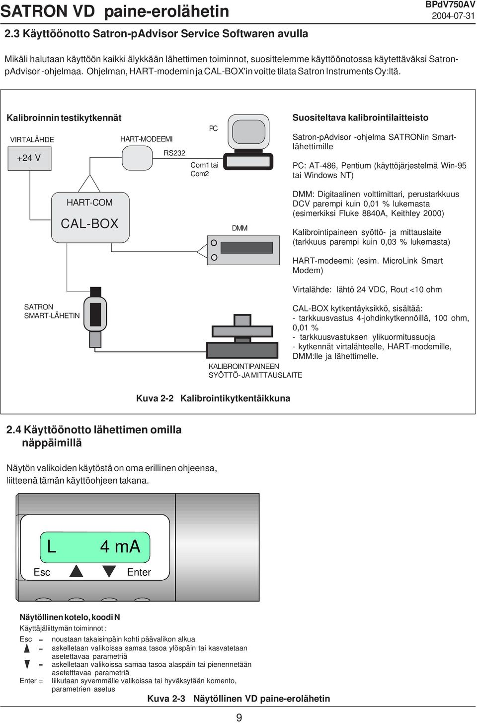 Kalibroinnin testikytkennät VIRTALÄHDE +4 V HART-COM CAL-BOX HART-MODEEMI RS PC Com tai Com DMM Suositeltava kalibrointilaitteisto Satron-pAdvisor -ohjelma SATRONin Smartlähettimille PC: AT-486,