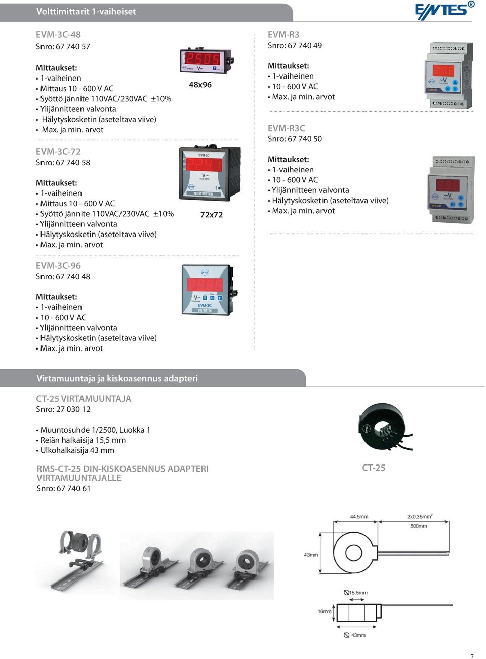 arvot EVM-3C-96 Snro: 67 740 48 1-vaiheinen 10-600 V AC Ylijännitteen valvonta Hälytyskosketin (aseteltava viive) Max. ja min. arvot 48x96 72x72 EVM-R3 Snro: 67 740 49 1-vaiheinen 10-600 V AC Max.