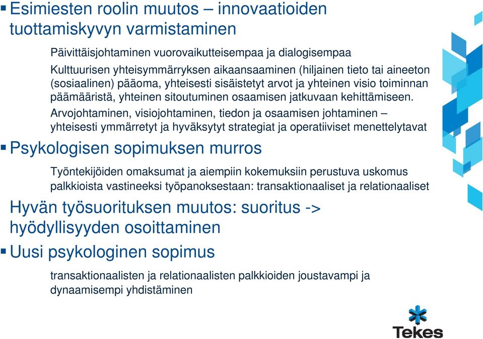 Arvojohtaminen, visiojohtaminen, tiedon ja osaamisen johtaminen yhteisesti ymmärretyt ja hyväksytyt strategiat ja operatiiviset menettelytavat Psykologisen sopimuksen murros Työntekijöiden omaksumat