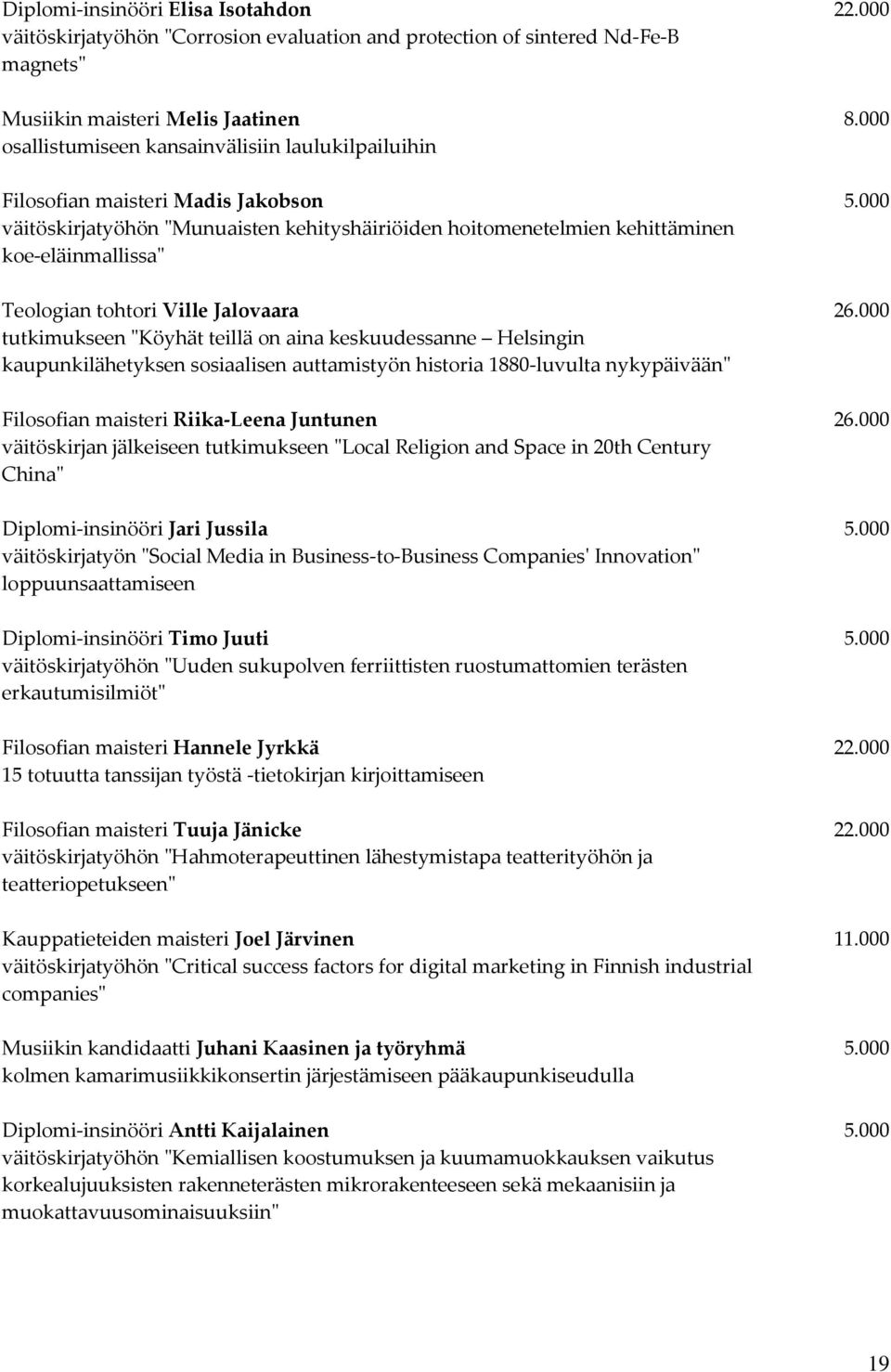 000 väitöskirjatyöhön "Munuaisten kehityshäiriöiden hoitomenetelmien kehittäminen koe-eläinmallissa" Teologian tohtori Ville Jalovaara 26.