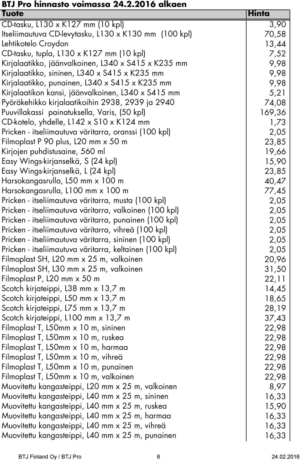 5,21 Pyöräkehikko kirjalaatikoihin 2938, 2939 ja 2940 74,08 Puuvillakassi painatuksella, Varis, (50 kpl) 169,36 CD-kotelo, yhdelle, L142 x S10 x K124 mm 1,73 Pricken - itseliimautuva väritarra,