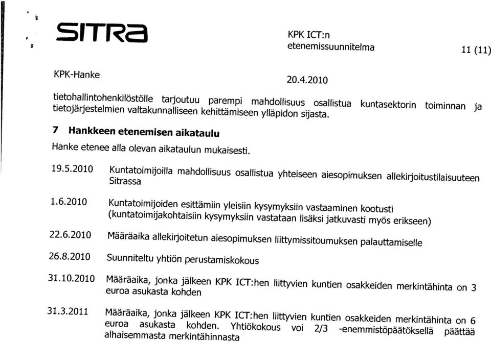 Yhtiökokous vol 2/3 -enemmistopaätoksella paättää aihaisemmasta merkintähinnasta 31.3.2011 Määräaika, jonka jälkeen KPK ICT:hen Ilittyvien kuntien osakkeiden merkintähinta on 6 