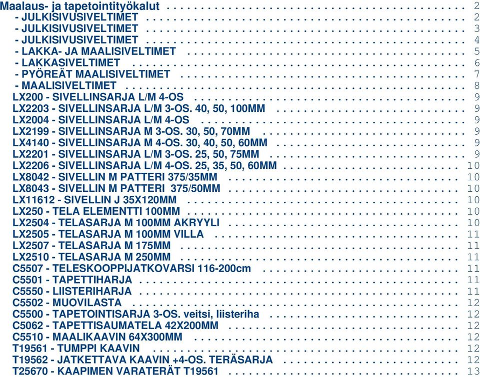 .. 9 LX4140 - SIVELLINSARJA M 4-OS. 30, 40, 50, 60MM... 9 LX2201 - SIVELLINSARJA L/M 3-OS. 25, 50, 75MM... 9 LX2206 - SIVELLINSARJA L/M 4-OS. 25, 35, 50, 60MM... 10 LX8042 - SIVELLIN M PATTERI 375/35MM.