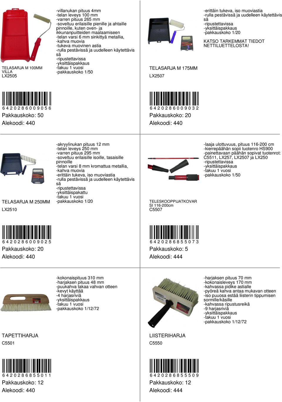 pestävissä ja uudelleen käytettävis sä -ripustettavissa -pakkauskoko 1/20 TELASARJA M 175MM LX2507 6420286009056 6420286009032 Pakkauskoko: 50 Pakkauskoko: 20 TELASARJA M 250MM -akryylinukan pituus