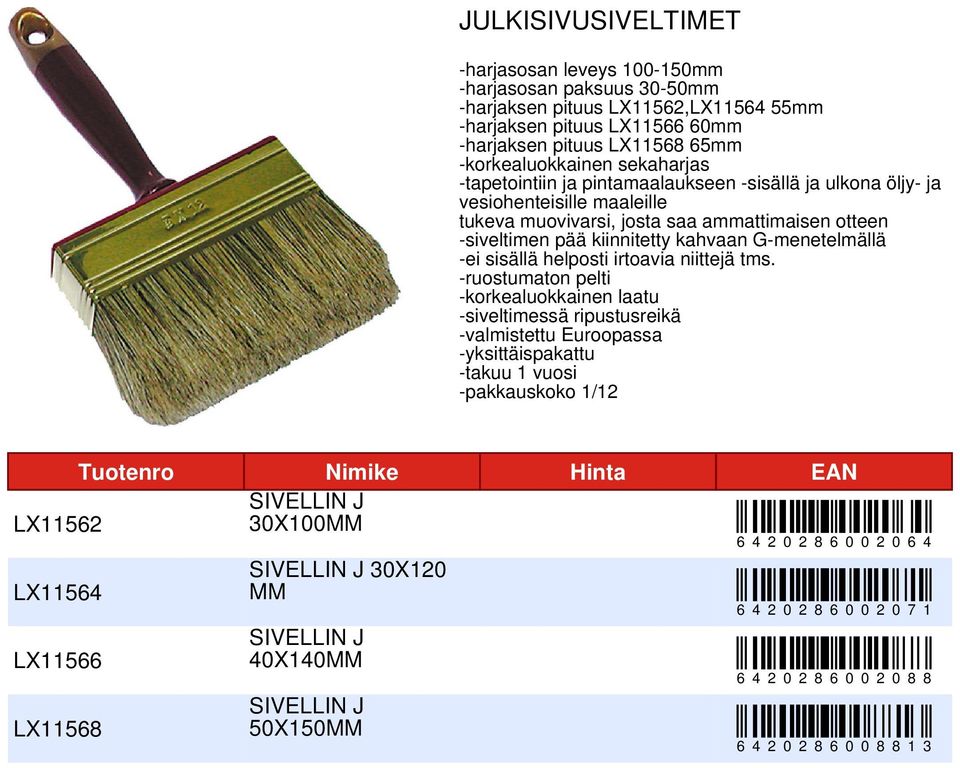 josta saa ammattimaisen otteen -siveltimen pää kiinnitetty kahvaan G-menetelmällä -ei sisällä helposti irtoavia niittejä tms.