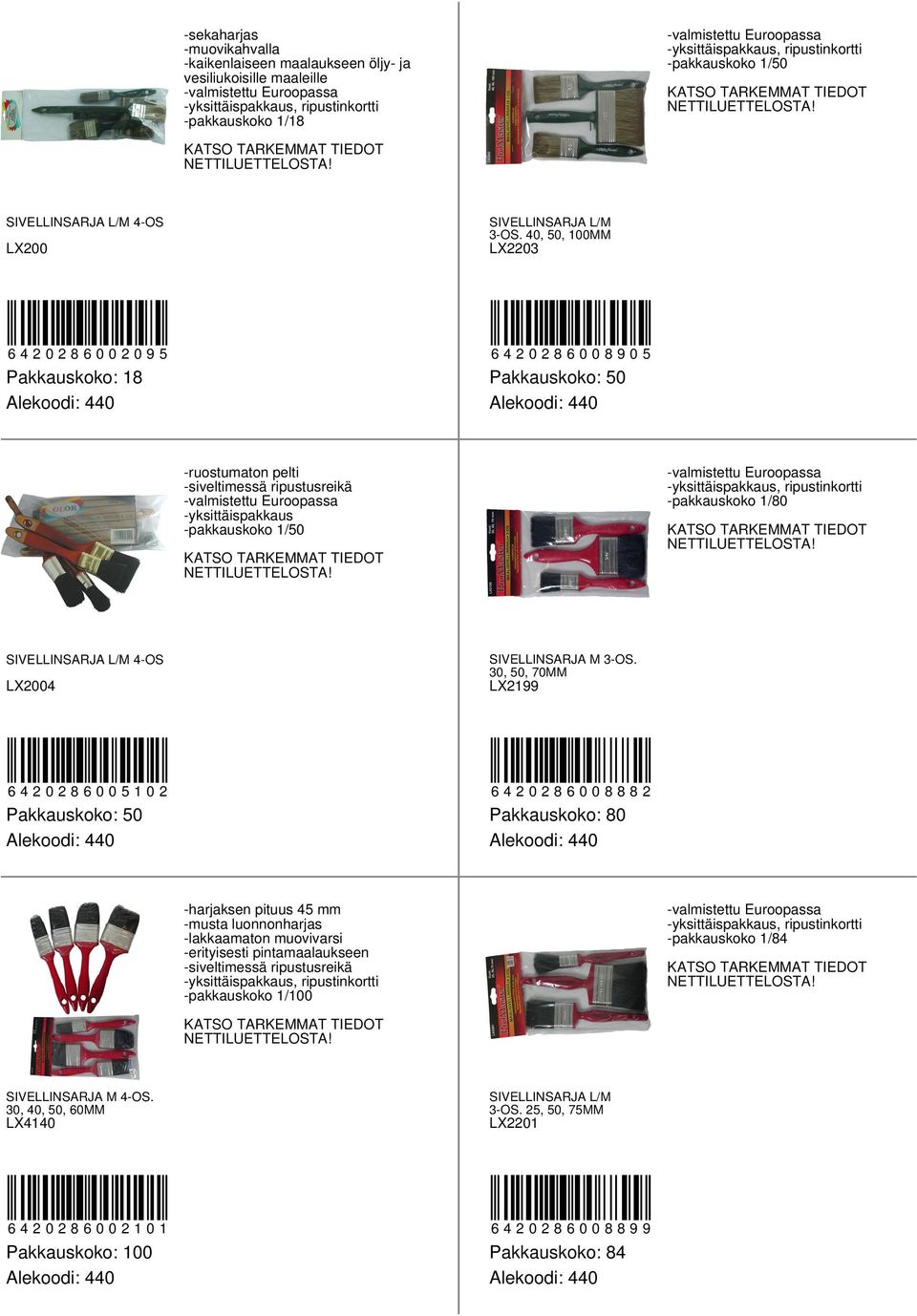 30, 50, 70MM LX2004 LX2199 6420286005102 6420286008882 Pakkauskoko: 50 Pakkauskoko: 80 -harjaksen pituus 45 mm -musta luonnonharjas -lakkaamaton muovivarsi -erityisesti pintamaalaukseen,