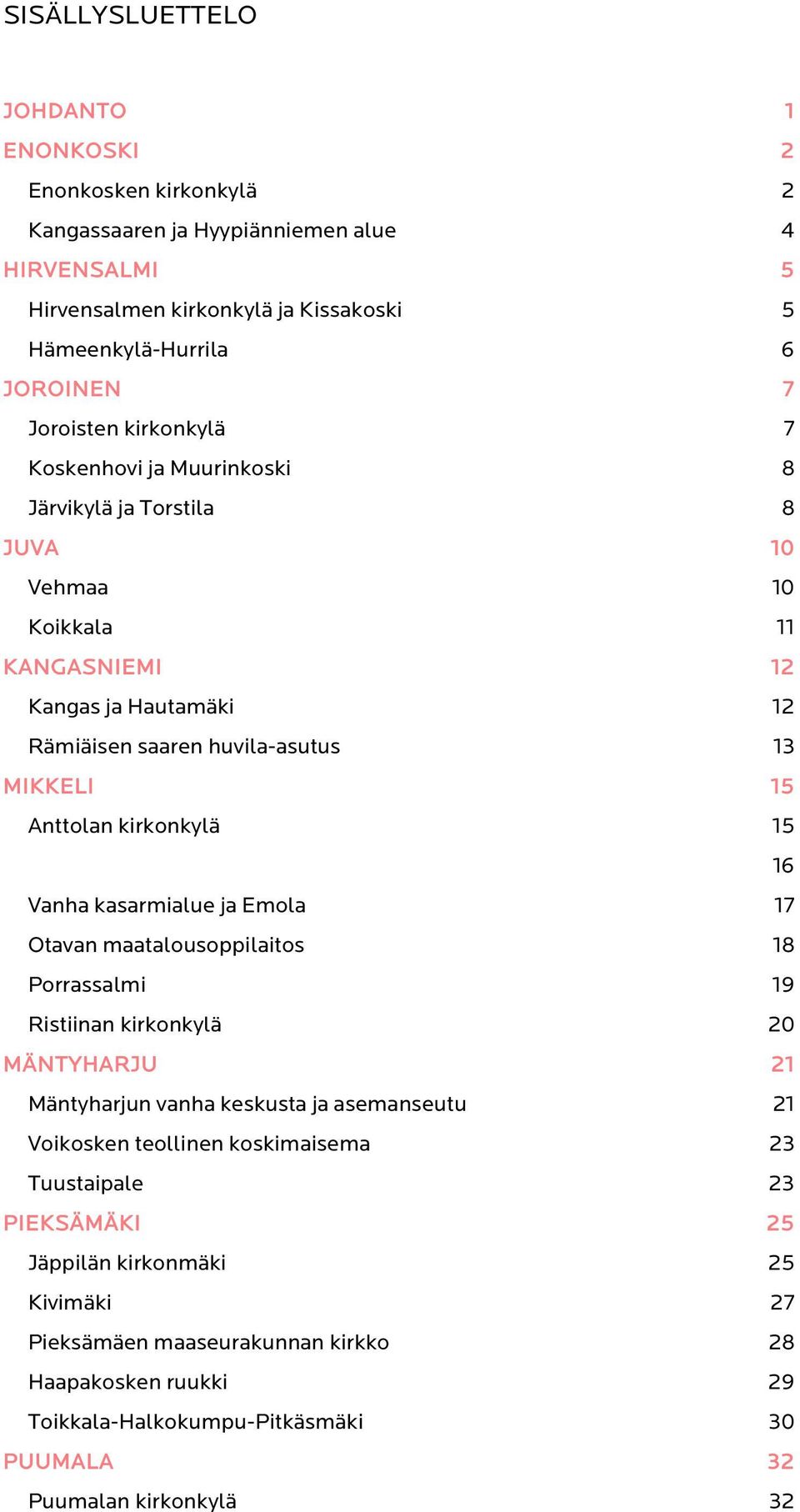 Anttolan kirkonkylä 15 16 Vanha kasarmialue ja Emola 17 Otavan maatalousoppilaitos 18 Porrassalmi 19 Ristiinan kirkonkylä 20 MÄNTYHARJU 21 Mäntyharjun vanha keskusta ja asemanseutu 21 Voikosken