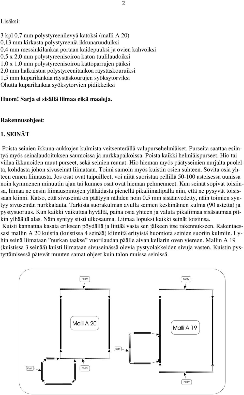 Ohutta kuparilankaa syöksytorvien pidikkeiksi Huom! Sarja ei sisällä liimaa eikä maaleja. Rakennusohjeet: 1. SEINÄT Poista seinien ikkuna-aukkojen kulmista veitsenterällä valupursehelmiäiset.