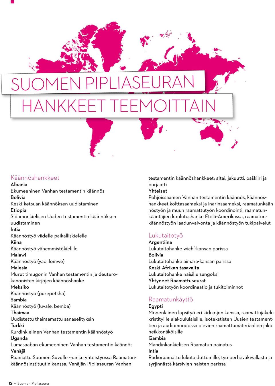 kirjojen käännöshanke Meksiko Käännöstyö (purepetsha) Sambia Käännöstyö (luvale, bemba) Thaimaa Uudistettu thairaamattu sanaselityksin Turkki Kurdinkielinen Vanhan testamentin käännöstyö Uganda