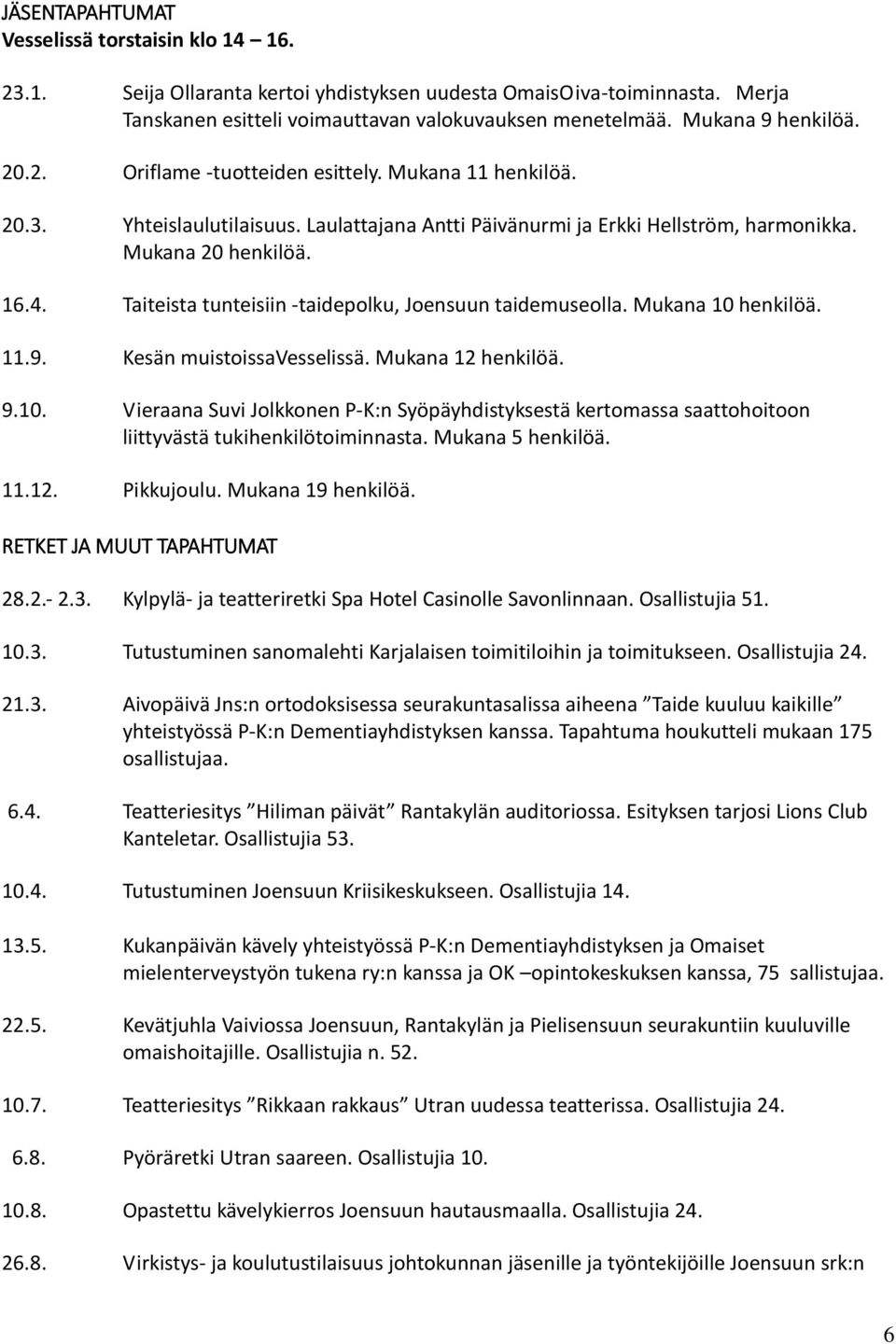 Taiteista tunteisiin -taidepolku, Joensuun taidemuseolla. Mukana 10 henkilöä. 11.9. Kesän muistoissavesselissä. Mukana 12 henkilöä. 9.10. Vieraana Suvi Jolkkonen P-K:n Syöpäyhdistyksestä kertomassa saattohoitoon liittyvästä tukihenkilötoiminnasta.