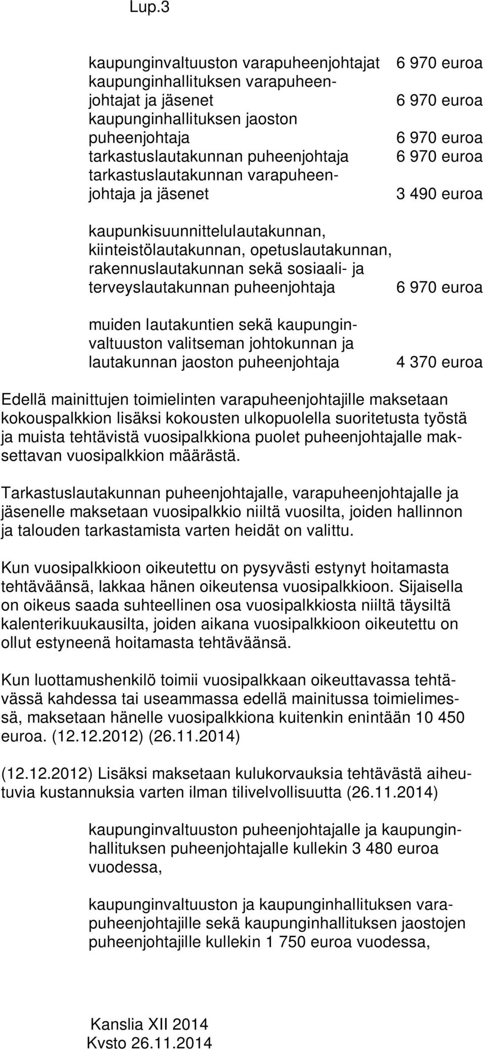 valitseman johtokunnan ja lautakunnan jaoston 4 370 euroa Edellä mainittujen toimielinten varapuheenjohtajille maksetaan kokouspalkkion lisäksi kokousten ulkopuolella suoritetusta työstä ja muista