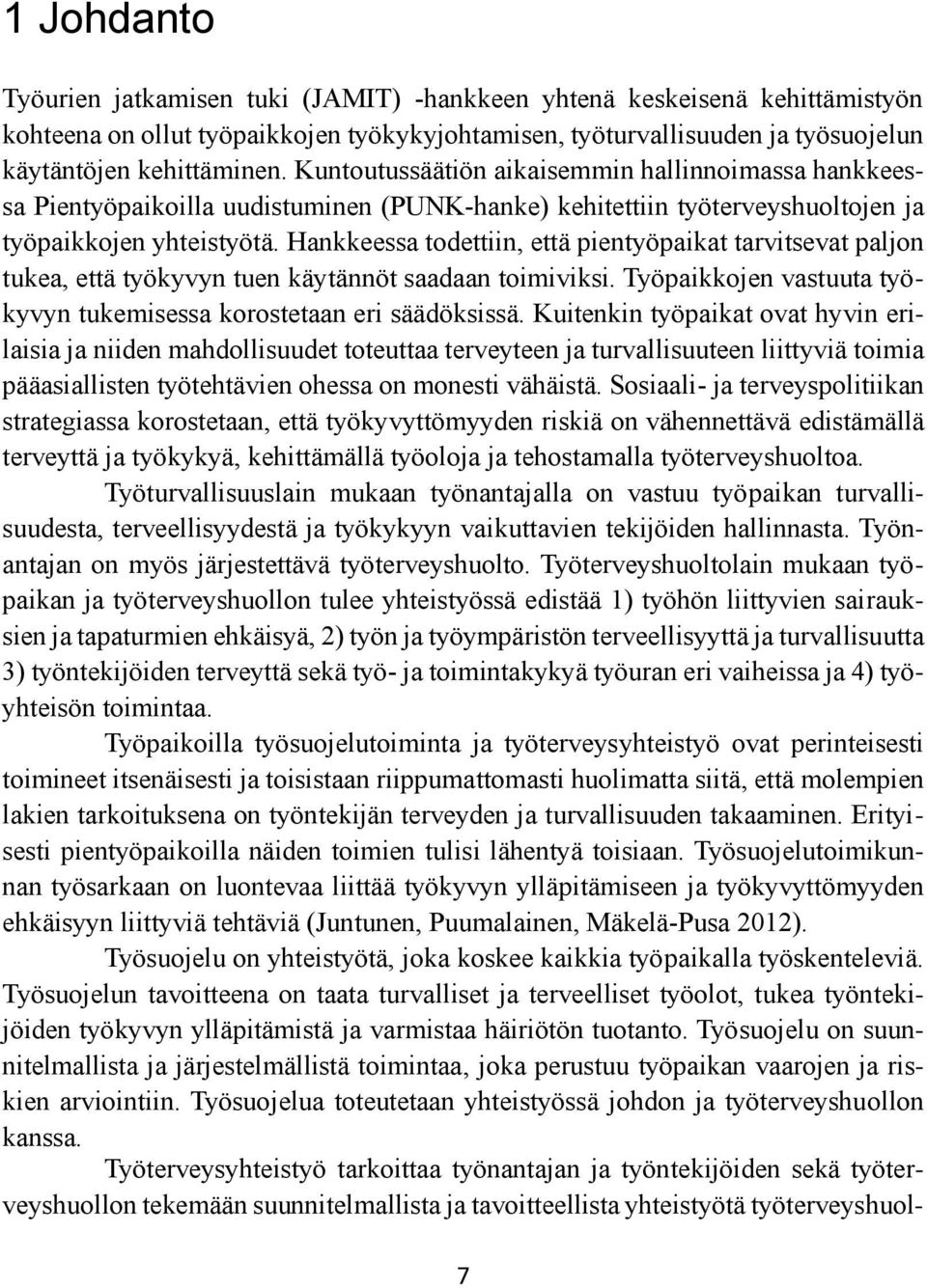 Hankkeessa todettiin, että pientyöpaikat tarvitsevat paljon tukea, että työkyvyn tuen käytännöt saadaan toimiviksi. Työpaikkojen vastuuta työkyvyn tukemisessa korostetaan eri säädöksissä.