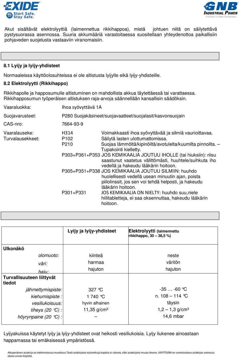 1 Lyijy ja lyijy-yhdisteet Normaaleissa käyttöolosuhteissa ei ole altistusta lyijylle eikä lyijy-yhdisteille. 8.