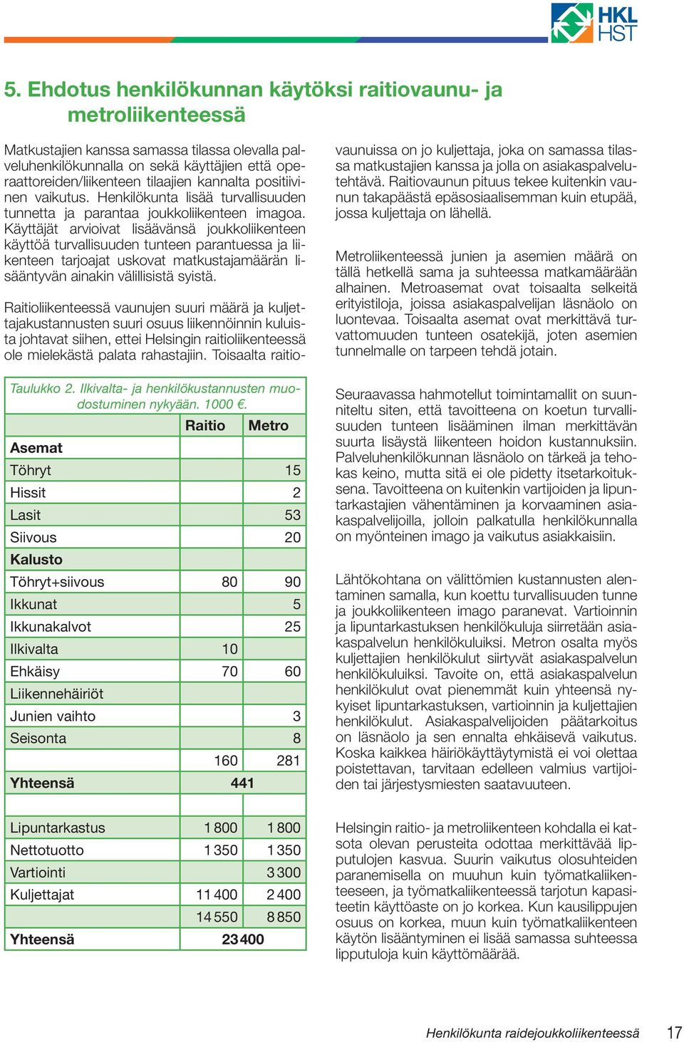 Käyttäjät arvioivat lisäävänsä joukkoliikenteen käyttöä turvallisuuden tunteen parantuessa ja liikenteen tarjoajat uskovat matkustajamäärän lisääntyvän ainakin välillisistä syistä. Taulukko 2.