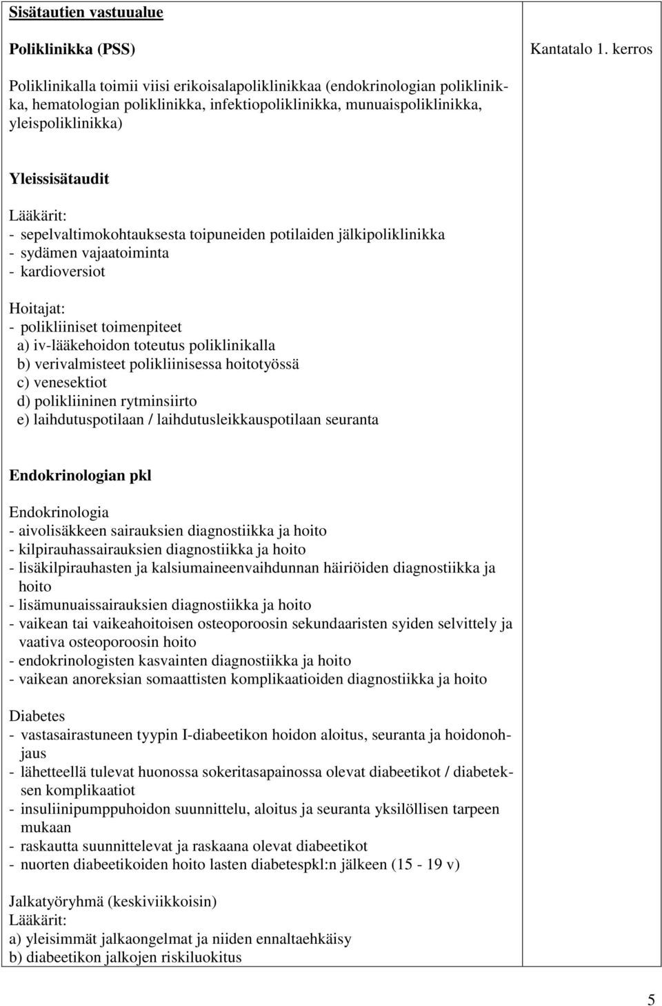 Lääkärit: - sepelvaltimokohtauksesta toipuneiden potilaiden jälkipoliklinikka - sydämen vajaatoiminta - kardioversiot Hoitajat: - polikliiniset toimenpiteet a) iv-lääkehoidon toteutus poliklinikalla