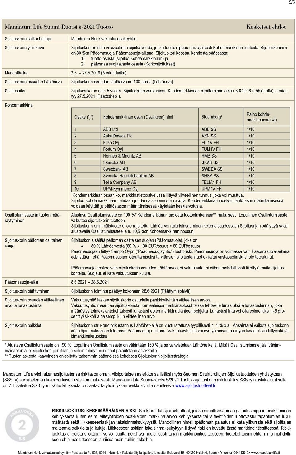 Sijoituskori koostuu kahdesta pääosasta: ) tuotto-osasta (sijoitus an) ja ) pääomaa suojaavasta osasta (Korkosijoitukset).5. 7.5.06 (Merkintäaika) Sijoituskorin osuuden lähtöarvo on 00 euroa (Lähtöarvo).