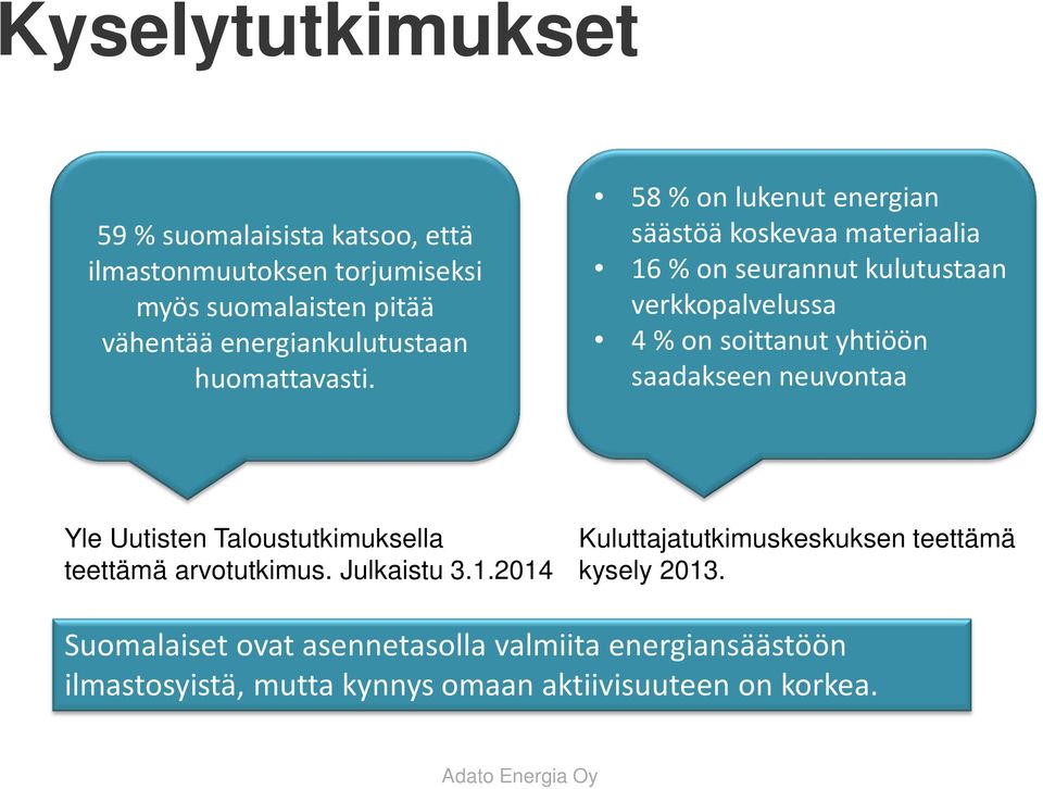 58 % on lukenut energian säästöä koskevaa materiaalia 16 % on seurannut kulutustaan verkkopalvelussa 4 % on soittanut yhtiöön