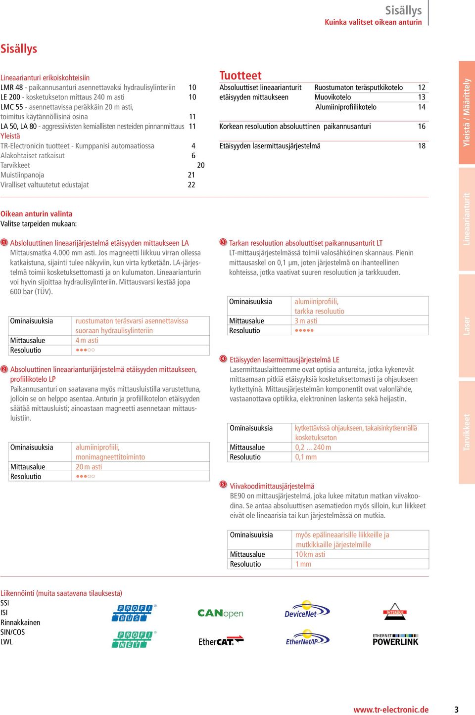 automaatiossa 4 Alakohtaiset ratkaisut 6 Tarvikkeet 20 Muistiinpanoja 21 Viralliset valtuutetut edustajat 22 Oikean anturin valinta Valitse tarpeiden mukaan: 1 2 Absloluuttinen lineaarijärjestelmä