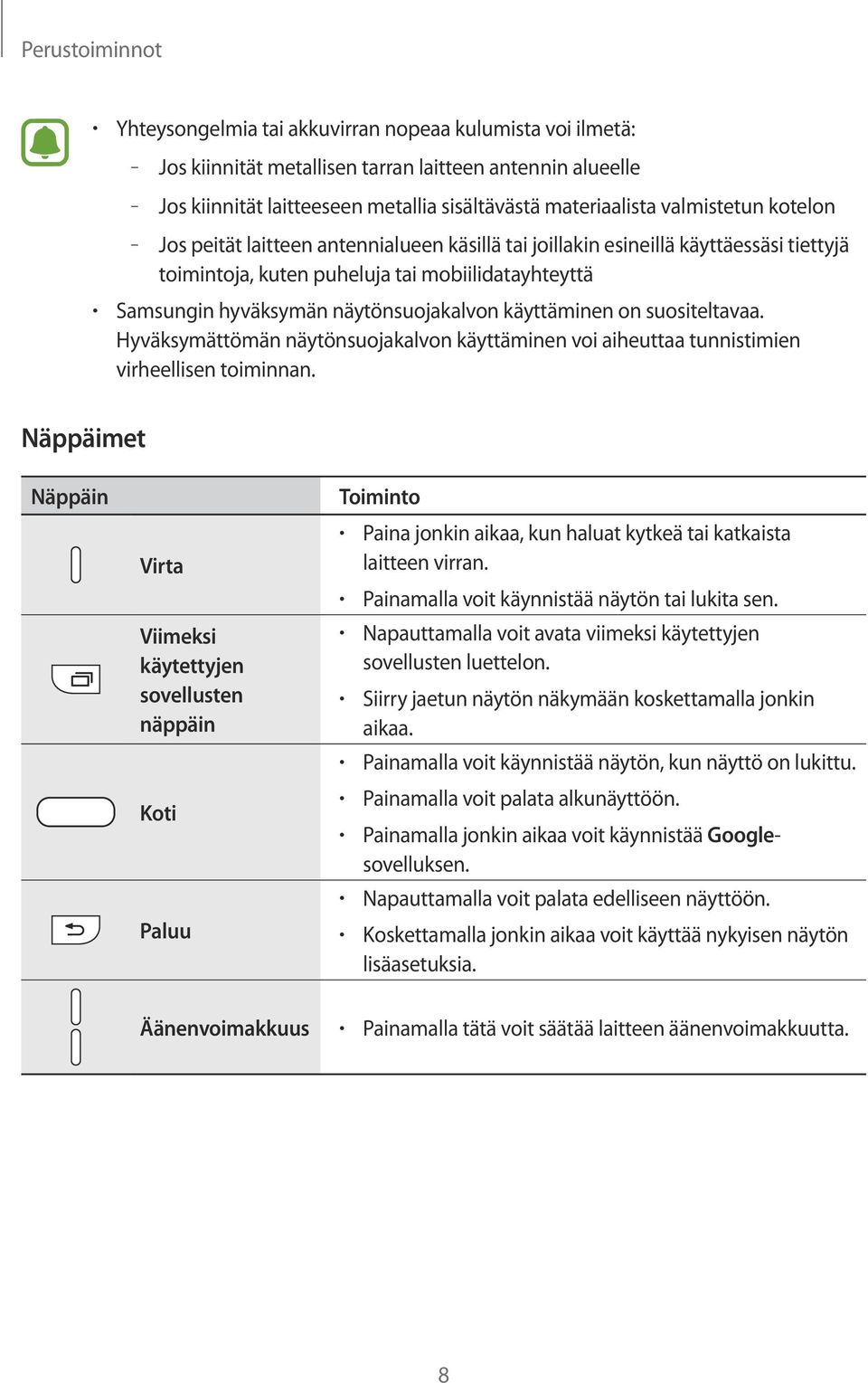 käyttäminen on suositeltavaa. Hyväksymättömän näytönsuojakalvon käyttäminen voi aiheuttaa tunnistimien virheellisen toiminnan.