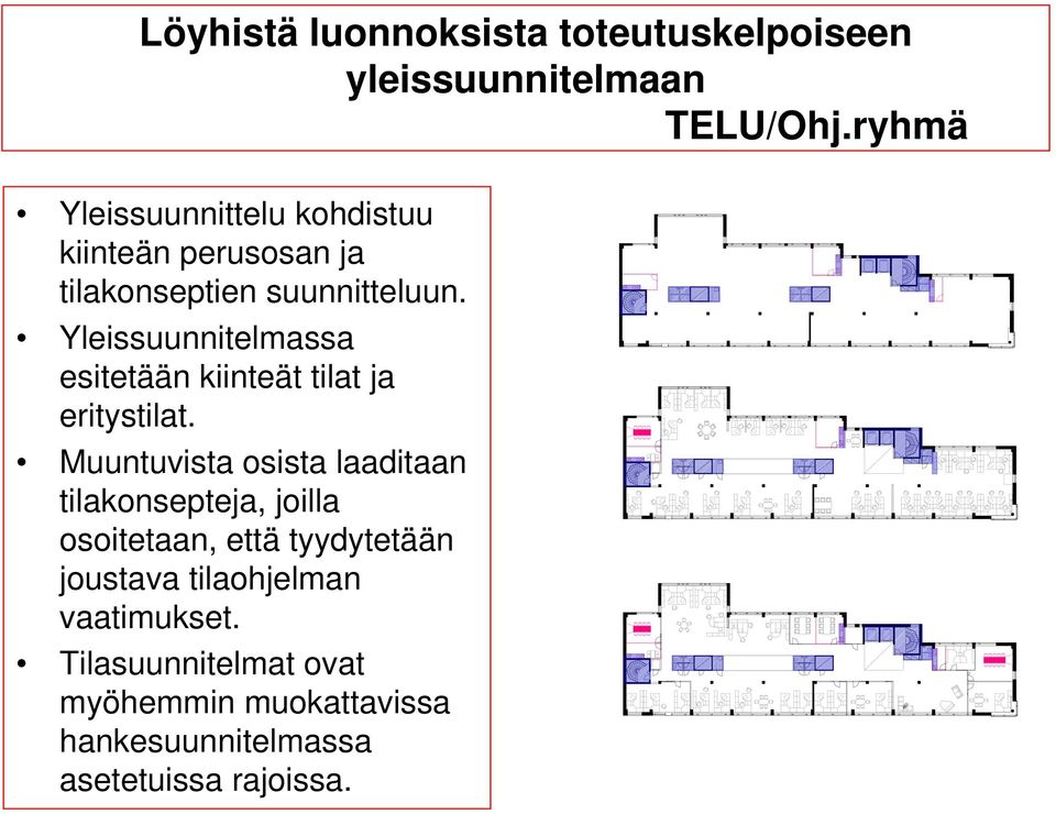 Yleissuunnitelmassa esitetään kiinteät tilat ja eritystilat.