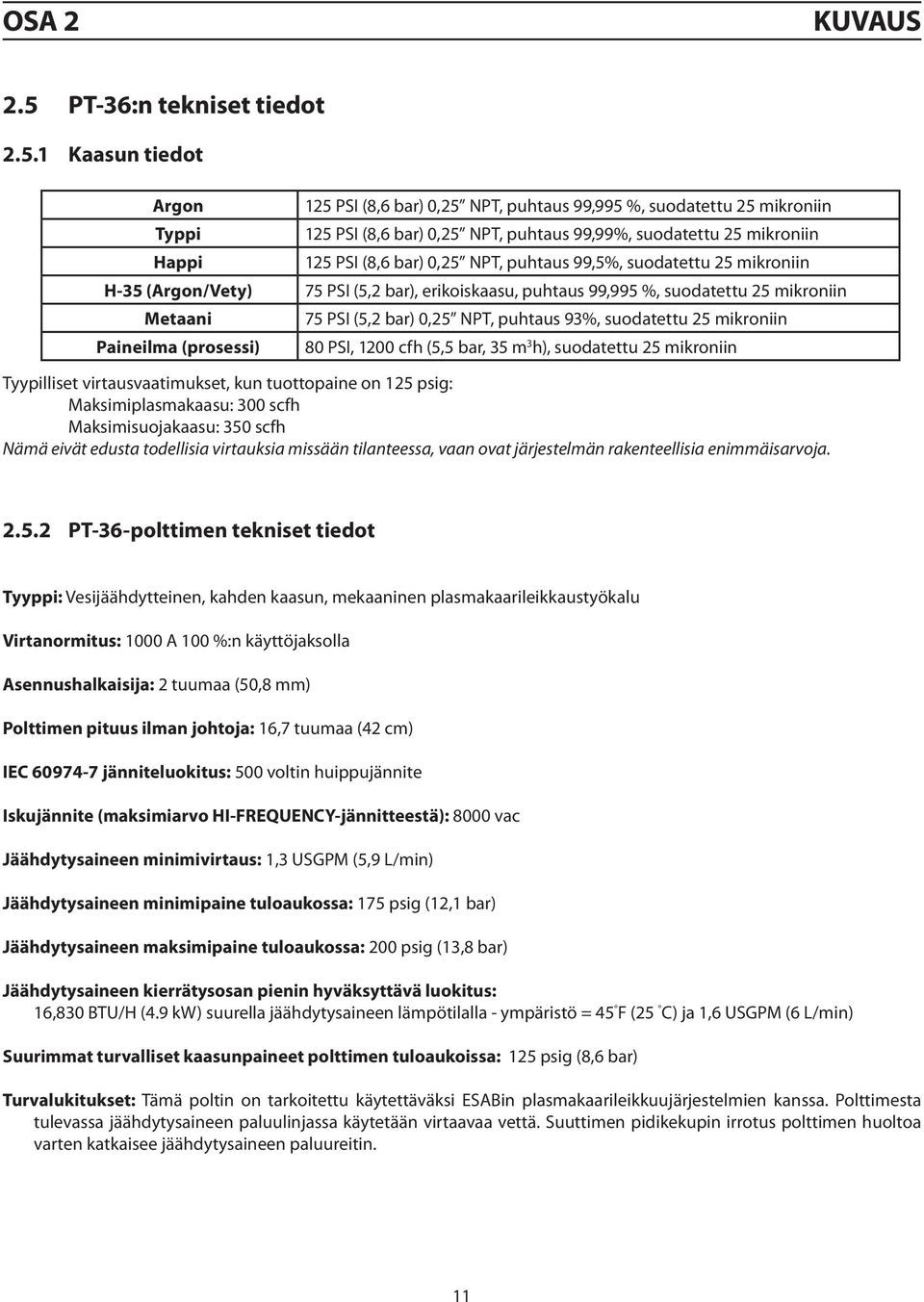 1 Kaasun tiedot Argon Typpi Happi 125 PSI (8,6 bar) 0,25 NPT, puhtaus 99,995 %, suodatettu 25 mikroniin 125 PSI (8,6 bar) 0,25 NPT, puhtaus 99,99%, suodatettu 25 mikroniin 125 PSI (8,6 bar) 0,25 NPT,