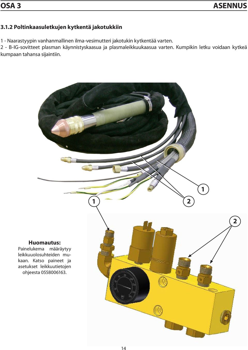kytkentää varten. 2 - B-IG-sovitteet plasman käynnistyskaasua ja plasmaleikkuukaasua varten.