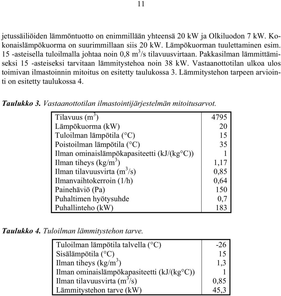 Vastaanottotilan ulkoa ulos toimivan ilmastoinnin mitoitus on esitetty taulukossa 3. Lämmitystehon tarpeen arviointi on esitetty taulukossa 4. Taulukko 3.