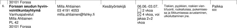 Forssan seudun hyvinvointikuntayhtymä Kesätyöntekijä 06.06.-03.07., voi jakaa 2+2 vkoa Kesätyöntekijä 06.06.-03.07., voi jakaa 2+2 vkoa Kesätyöntekijä 04.