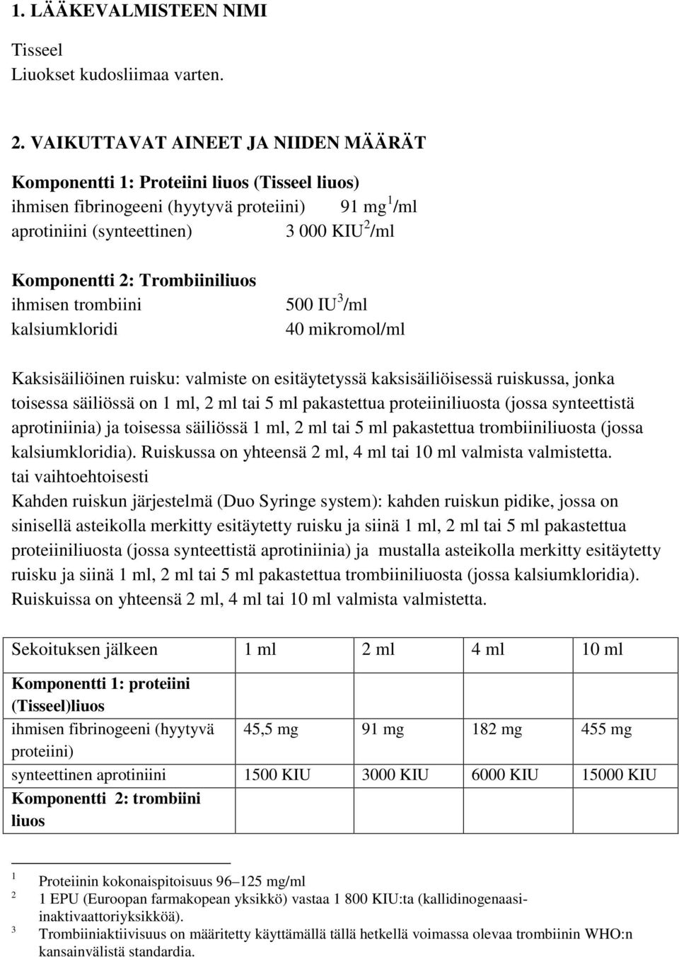 Trombiiniliuos ihmisen trombiini kalsiumkloridi 500 IU 3 /ml 40 mikromol/ml Kaksisäiliöinen ruisku: valmiste on esitäytetyssä kaksisäiliöisessä ruiskussa, jonka toisessa säiliössä on 1 ml, 2 ml tai 5