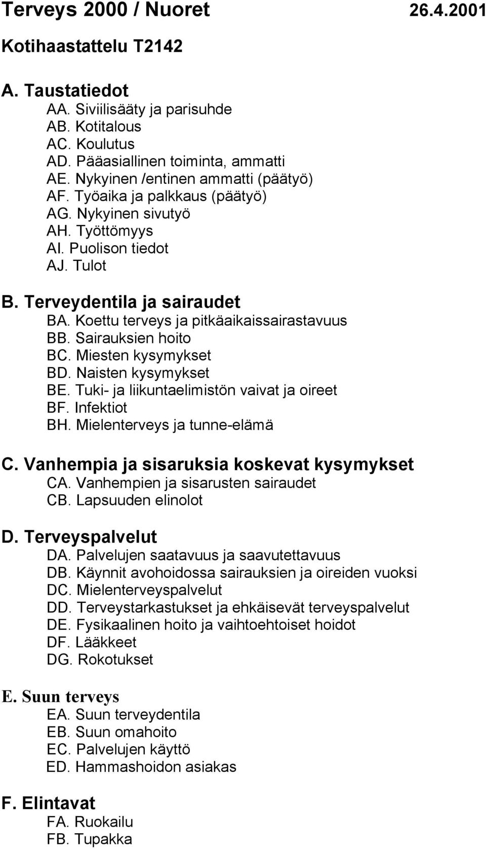 Koettu terveys ja pitkäaikaissairastavuus BB. Sairauksien hoito BC. Miesten kysymykset BD. Naisten kysymykset BE. Tuki- ja liikuntaelimistön vaivat ja oireet BF. Infektiot BH.