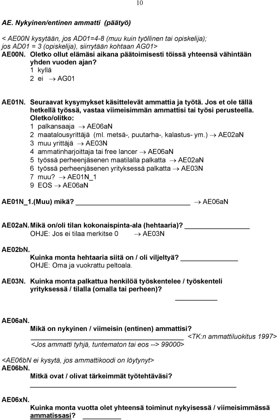 Jos et ole tällä hetkellä työssä, vastaa viimeisimmän ammattisi tai työsi perusteella. Oletko/olitko: 1 palkansaaja AE06aN 2 maatalousyrittäjä (ml. metsä-, puutarha-, kalastus- ym.