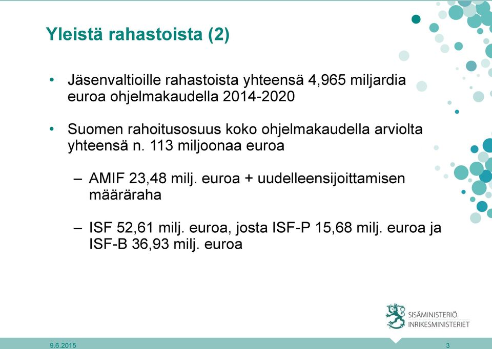 yhteensä n. 113 miljoonaa euroa AMIF 23,48 milj.