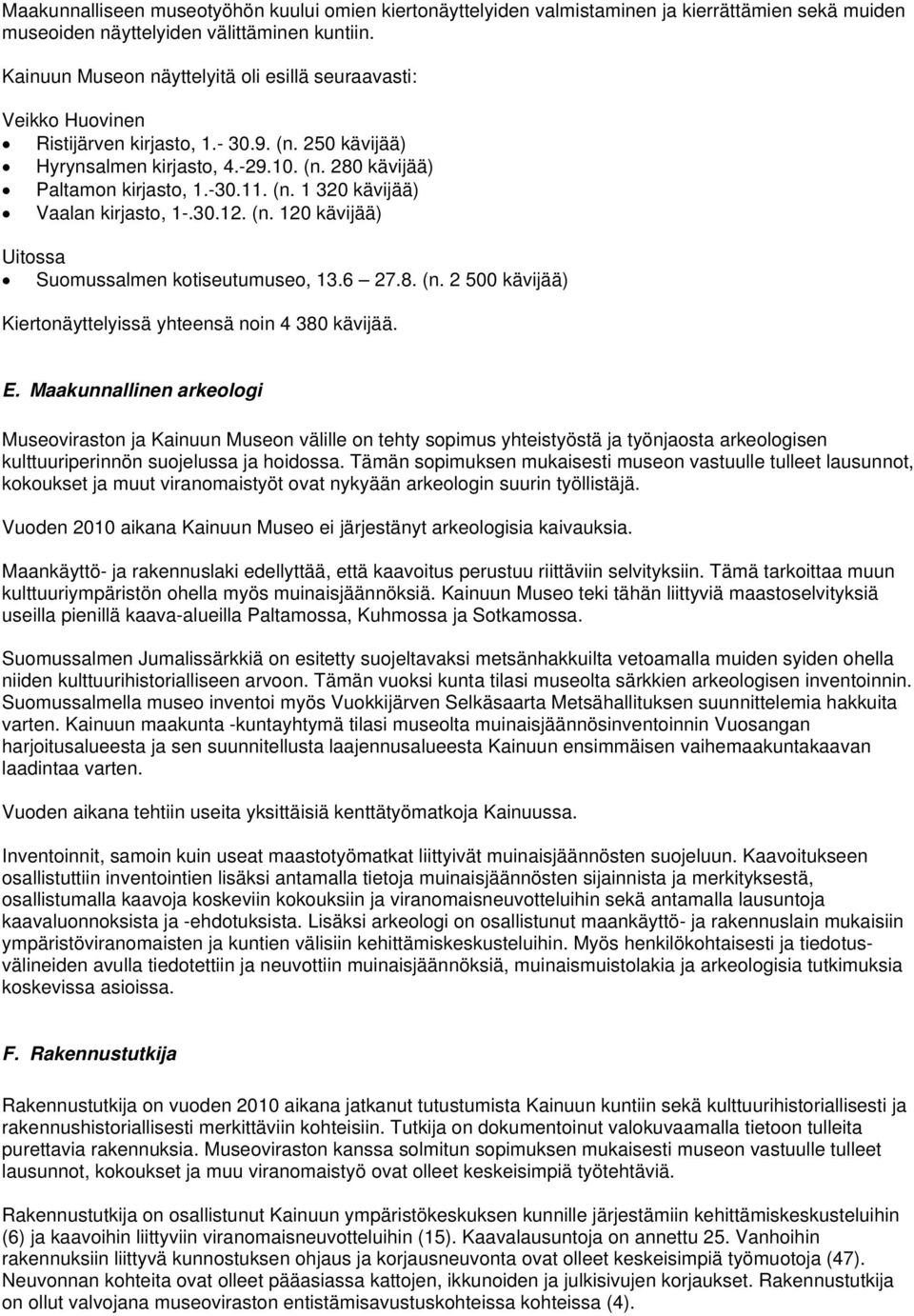 30.12. (n. 120 kävijää) Uitossa Suomussalmen kotiseutumuseo, 13.6 27.8. (n. 2 500 kävijää) Kiertonäyttelyissä yhteensä noin 4 380 kävijää. E.