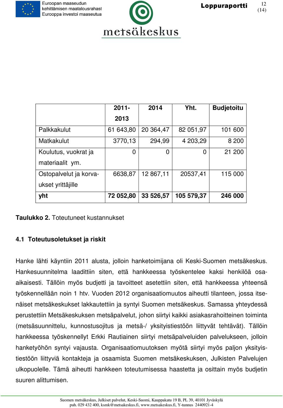 1 Toteutusoletukset ja riskit Hanke lähti käyntiin 2011 alusta, jolloin hanketoimijana oli Keski-Suomen metsäkeskus.