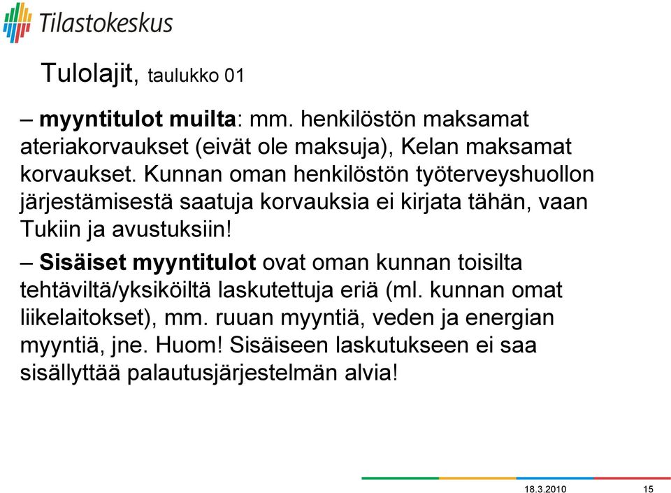 Kunnan oman henkilöstön työterveyshuollon järjestämisestä saatuja korvauksia ei kirjata tähän, vaan Tukiin ja avustuksiin!