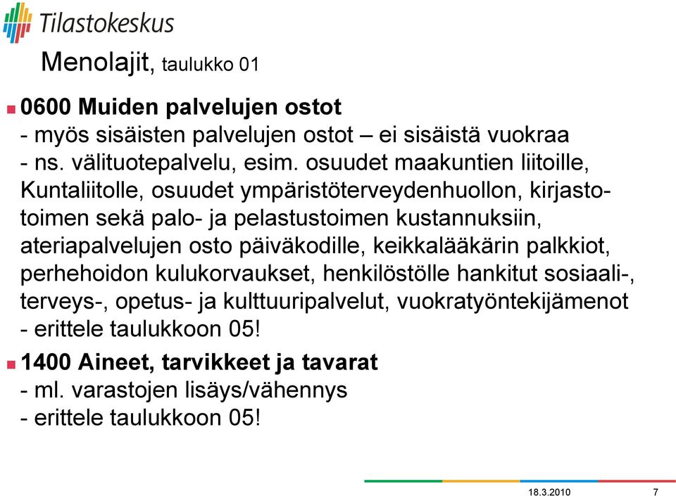 ateriapalvelujen osto päiväkodille, keikkalääkärin palkkiot, perhehoidon kulukorvaukset, henkilöstölle hankitut sosiaali-, terveys-, opetus- ja