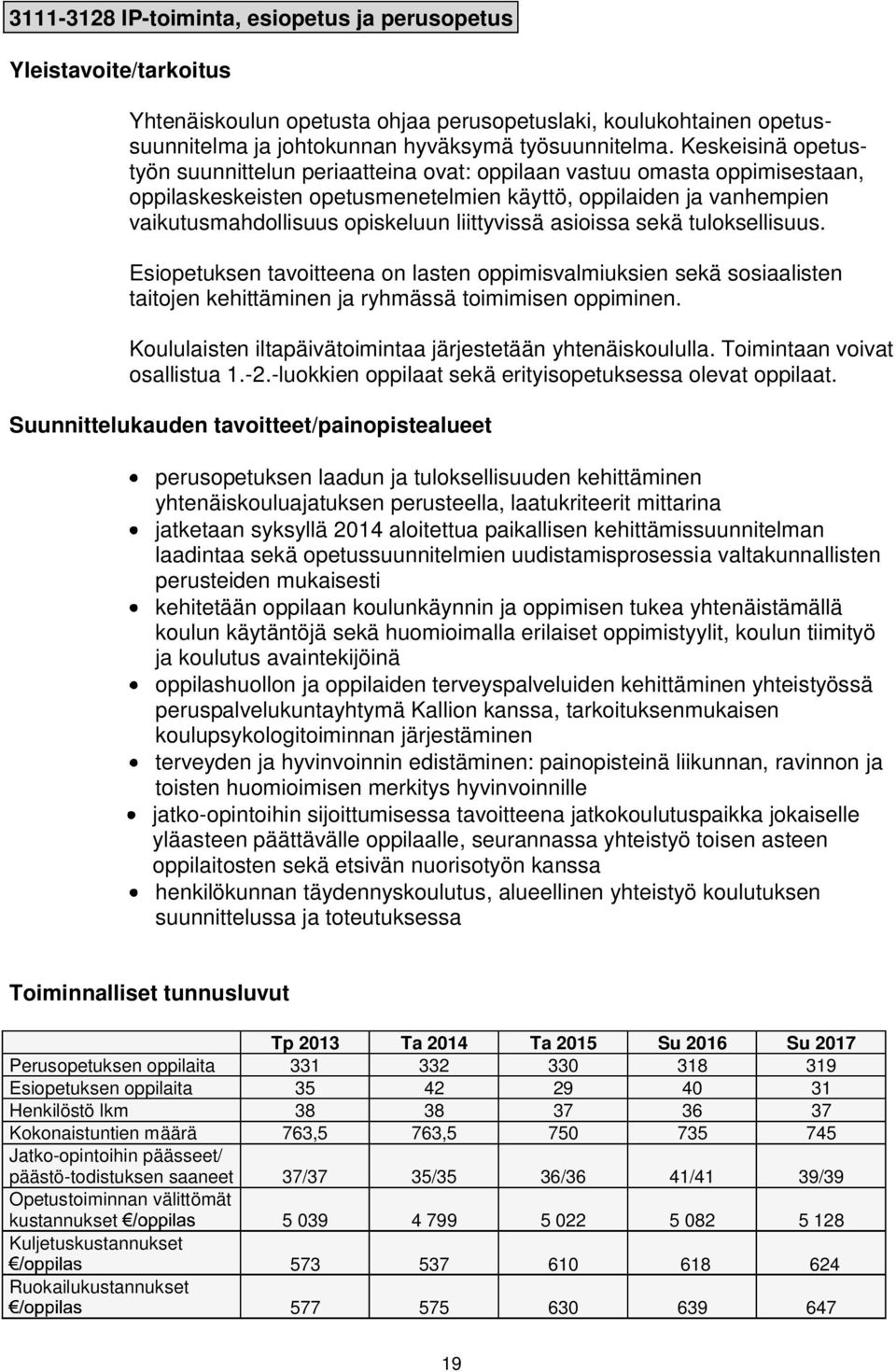 liittyvissä asioissa sekä tuloksellisuus. Esiopetuksen tavoitteena on lasten oppimisvalmiuksien sekä sosiaalisten taitojen kehittäminen ja ryhmässä toimimisen oppiminen.