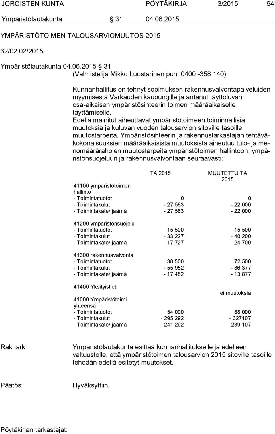 täyttämiselle. Edellä mainitut ai heut ta vat ympäristötoimeen toiminnallisia muutoksia ja kuluvan vuoden talousarvion sitoville ta soil le muutostarpeita.