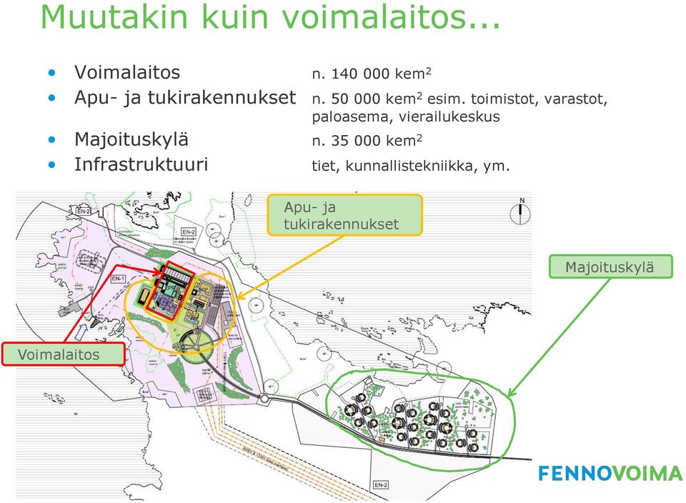 toimistot, varastot, paloasema, vierailukeskus Majoituskylä n.