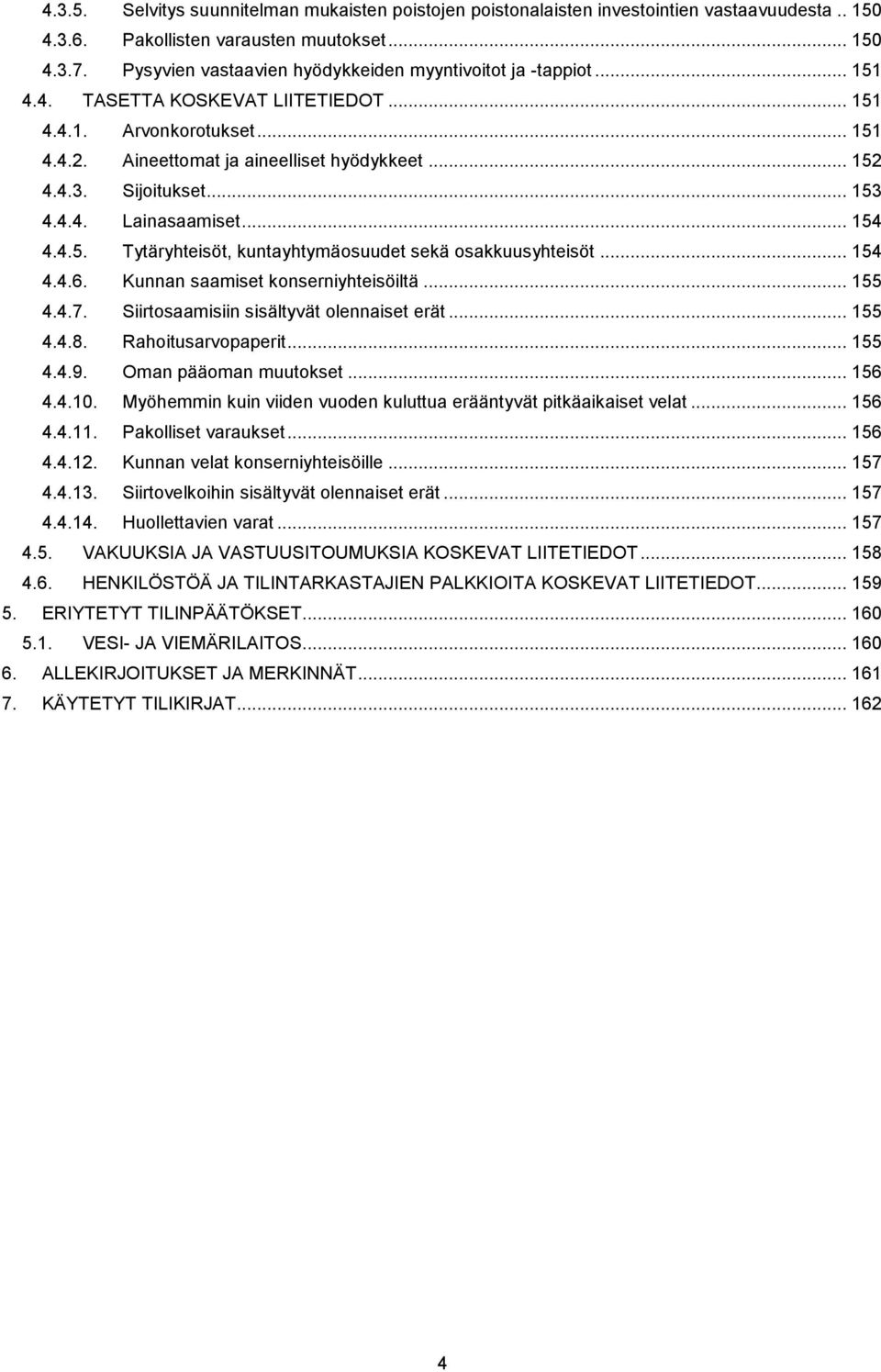 Sijoitukset... 153 4.4.4. Lainasaamiset... 154 4.4.5. Tytäryhteisöt, kuntayhtymäosuudet sekä osakkuusyhteisöt... 154 4.4.6. Kunnan saamiset konserniyhteisöiltä... 155 4.4.7.