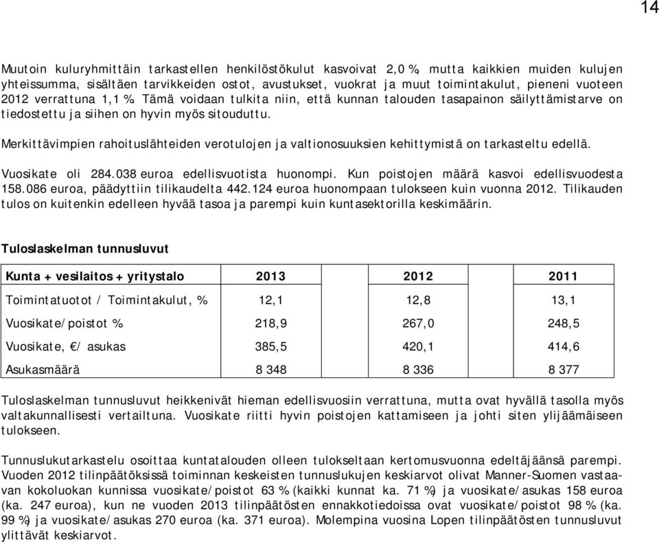 Merkittävimpien rahoituslähteiden verotulojen ja valtionosuuksien kehittymistä on tarkasteltu edellä. Vuosikate oli 284.038 euroa edellisvuotista huonompi.